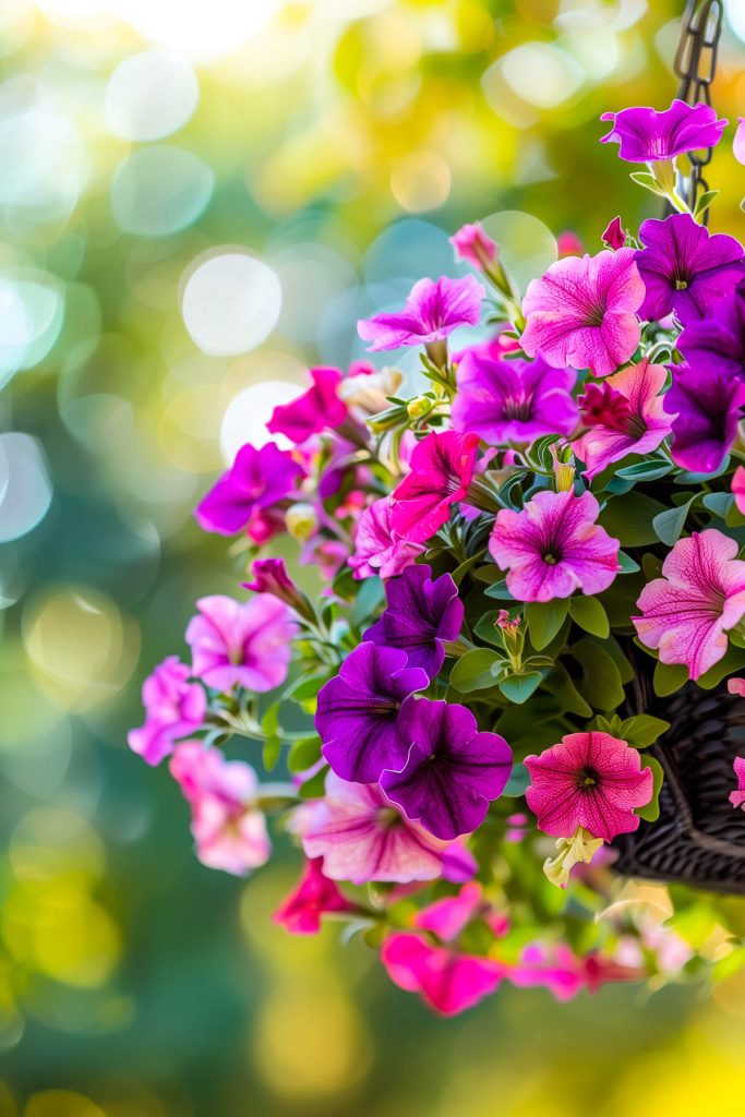 Blooming petunias in a hanging basket, showcasing bright and varied colors against a blurred garden background.