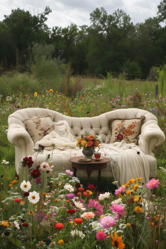 A vibrant wildflower garden with native flowers and a rustic wooden bench.