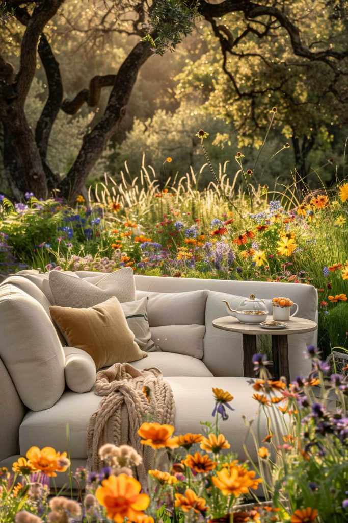 A vibrant wildflower garden with native flowers and a rustic wooden bench.