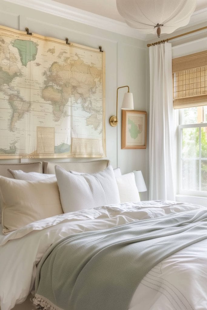 Vintage maps hung as wall art providing a sense of adventure and historical charm to a bedroom.