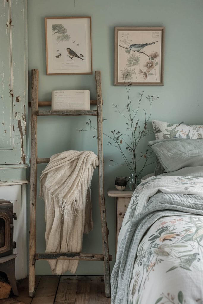 A rustic ladder used for hanging blankets or towels adding a functional and decorative touch to a bedroom.