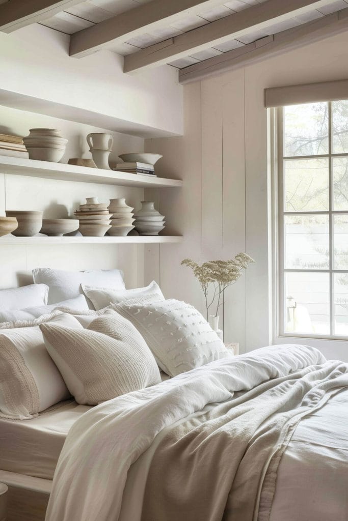 Stoneware pottery pieces displayed in a bedroom adding an artisanal touch.