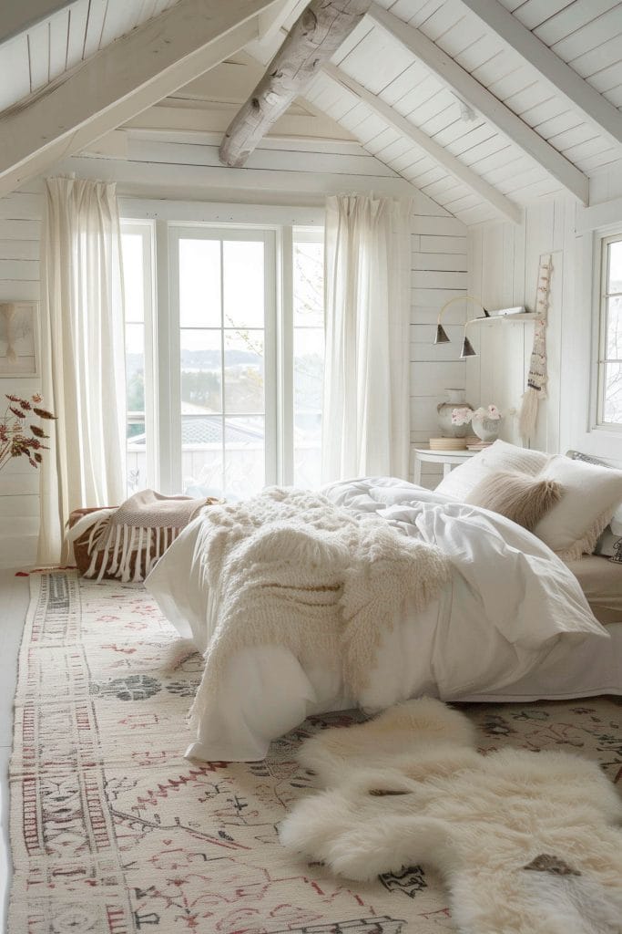 Sheepskin rugs placed on the floor adding warmth and luxurious texture to a bedroom.