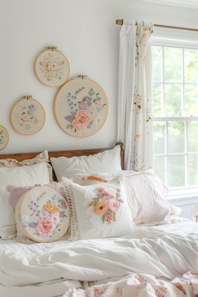 Vintage embroidery hoops hung as wall art adding a touch of handmade charm to a bedroom.