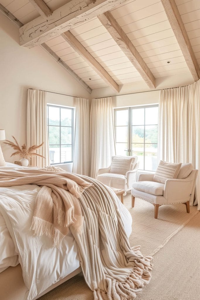 Wool blankets draped over a bed and chairs providing extra coziness and warmth to a bedroom.