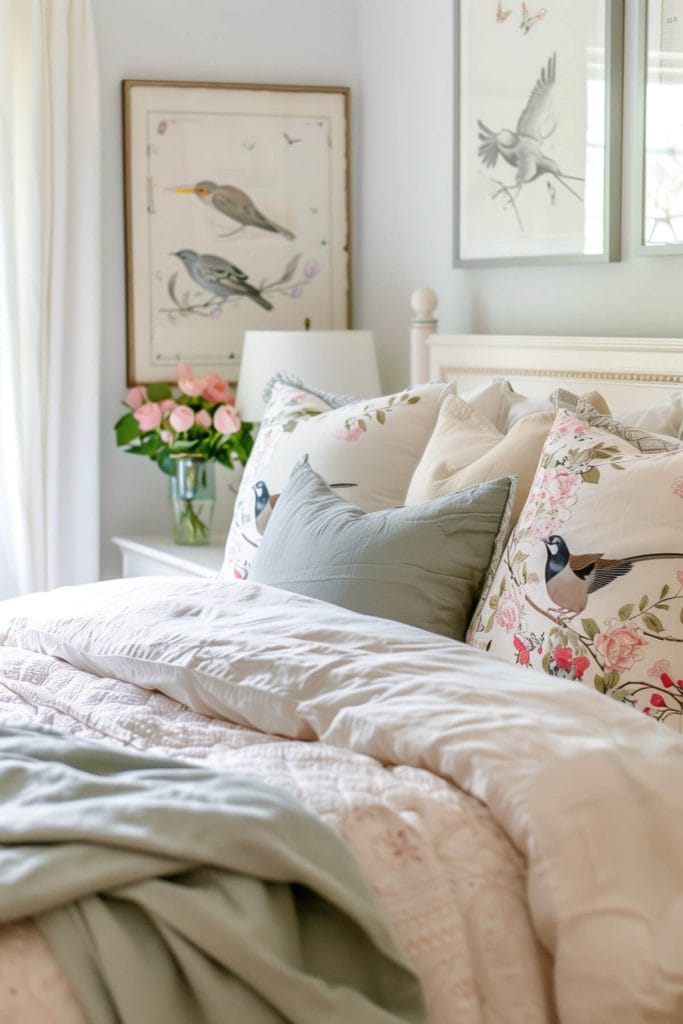 Vintage bird illustrations hung on the walls adding a touch of nature and nostalgia to a bedroom.