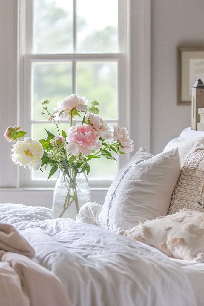 Milk glass vases filled with flowers adding a vintage touch to a bedroom.