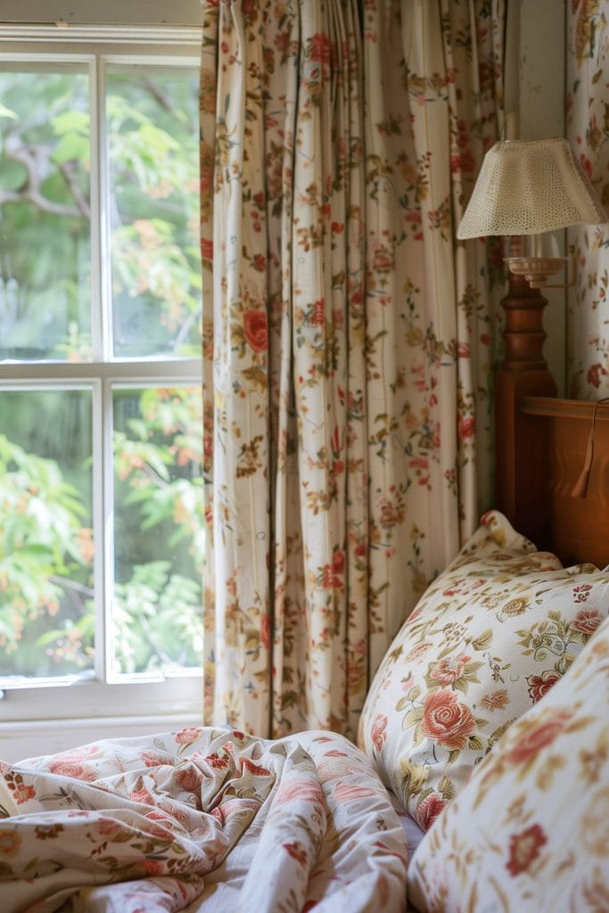 Chintz fabric used in pillows or curtains providing a classic cottage look to a bedroom.