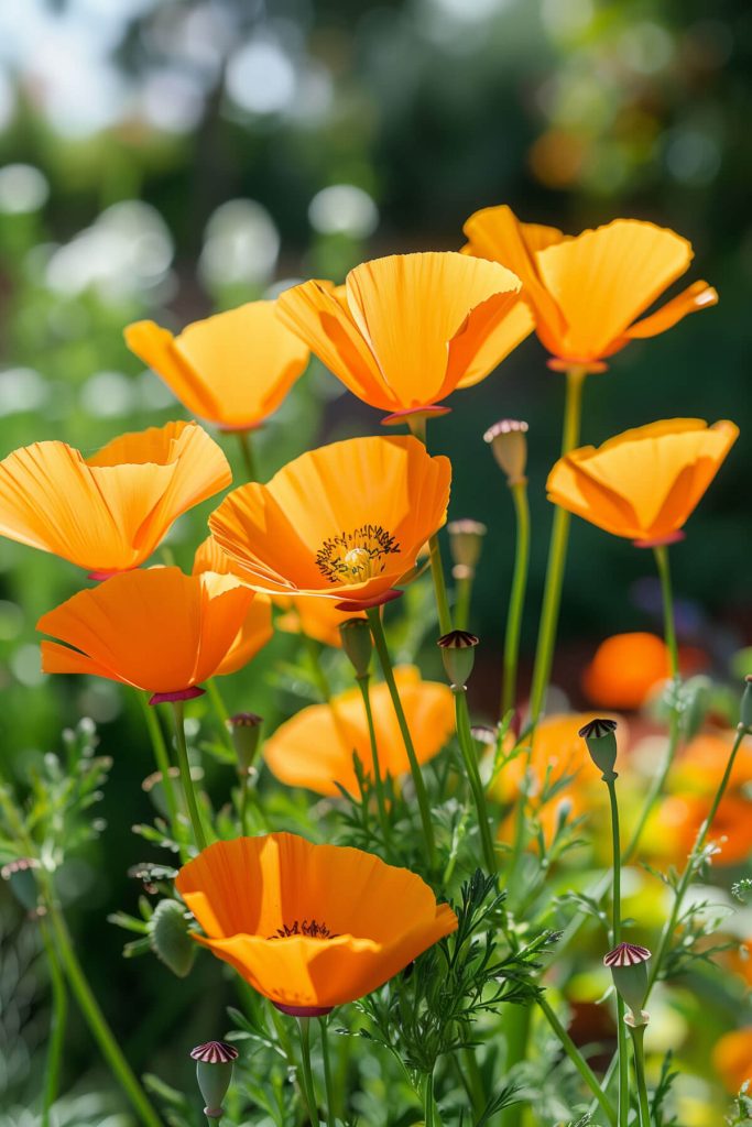 Bright orange California poppies with delicate, cup-shaped petals in a field under a blue sky.