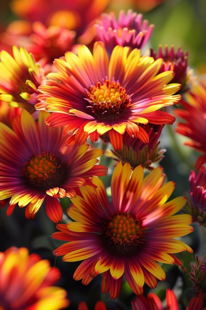 Bright, daisy-like gaillardia flowers in warm shades of red, orange, and yellow blooming in a sunny garden, creating a vibrant display.