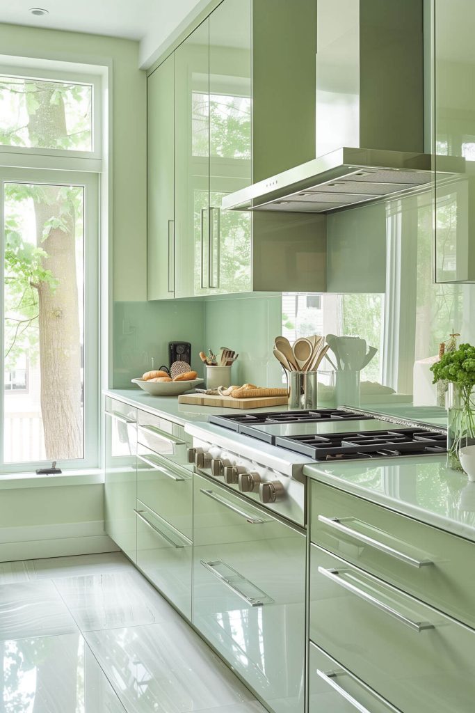 High-gloss sage green cabinets paired with ultra-modern fixtures in a sleek kitchen.