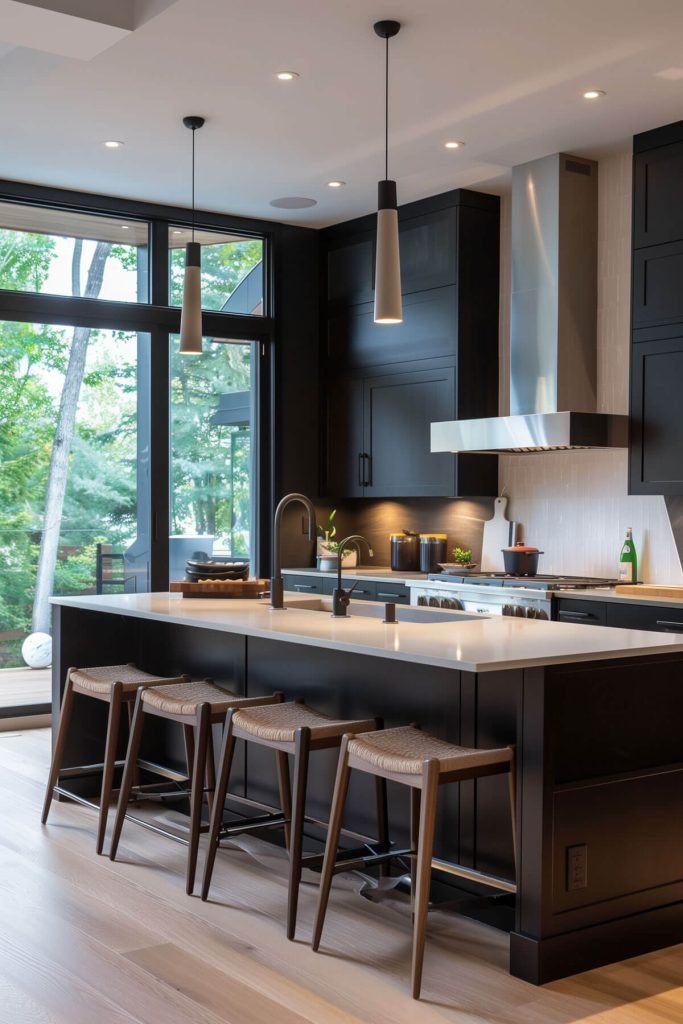 Kitchen island with integrated seating and storage.