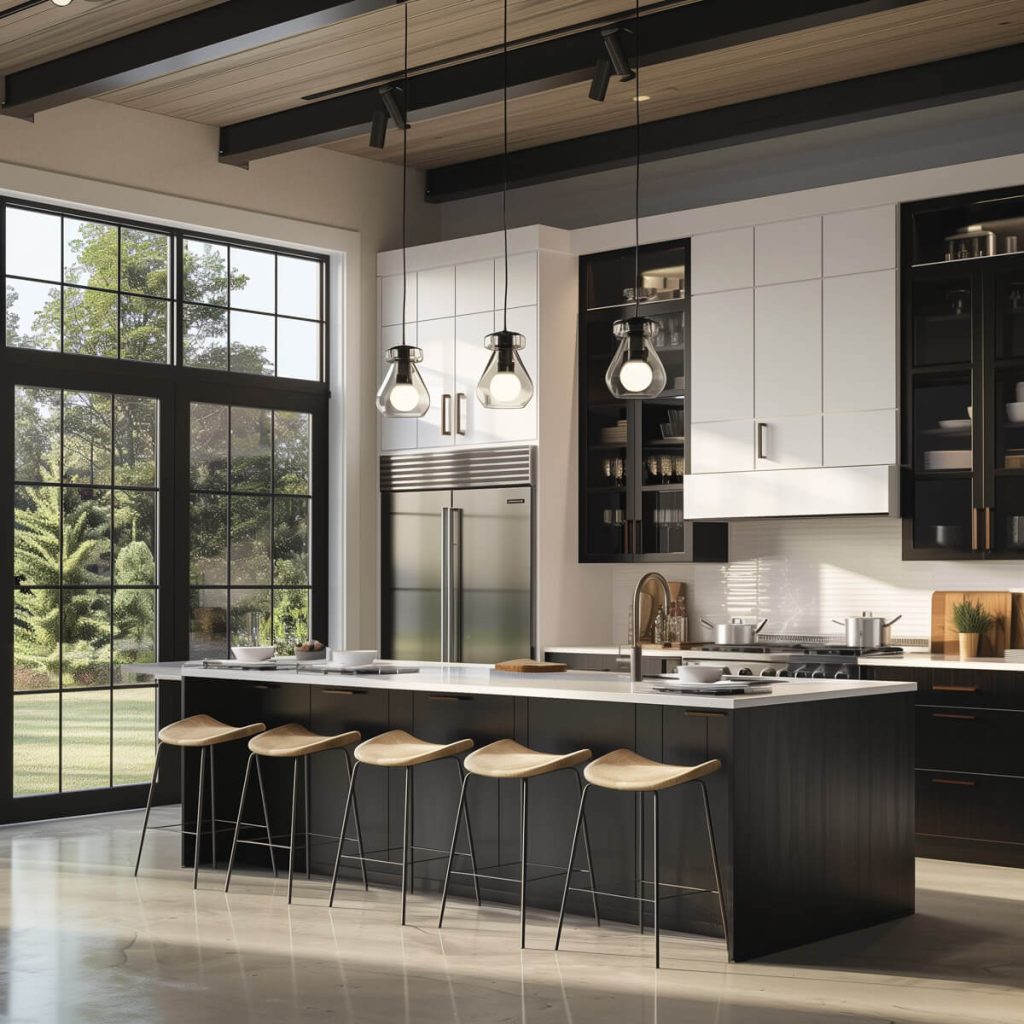 Kitchen island with integrated seating and storage.