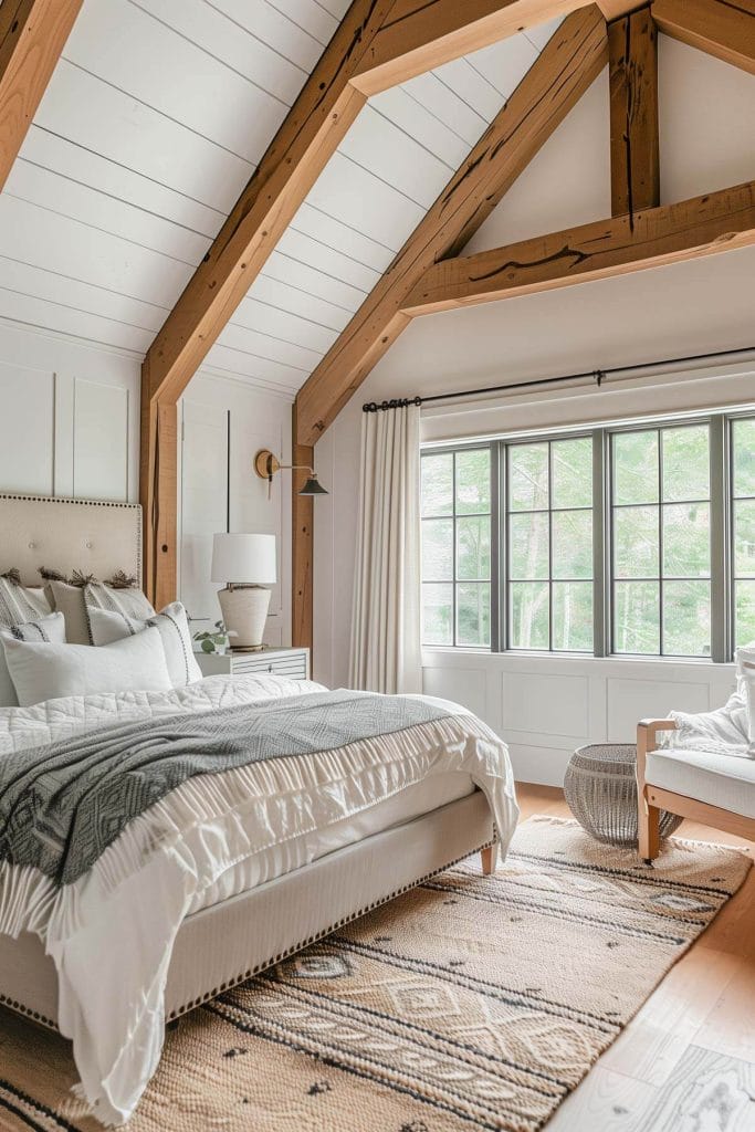 A bedroom with exposed wooden ceiling beams for a rustic architectural detail.