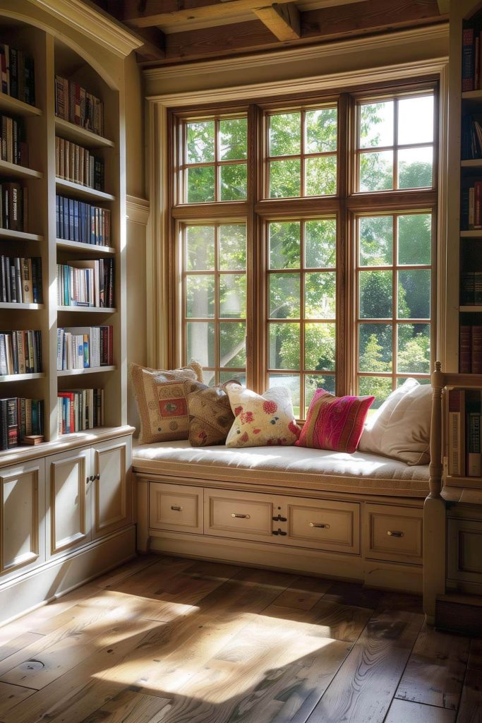 A cozy built-in window seat surrounded by bookshelves, providing a perfect spot for reading with natural light.