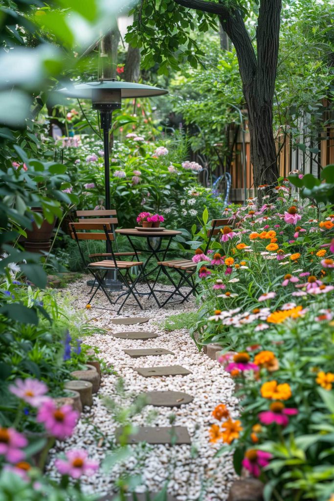 A butterfly-friendly garden with milkweed, zinnias, and a small bench.