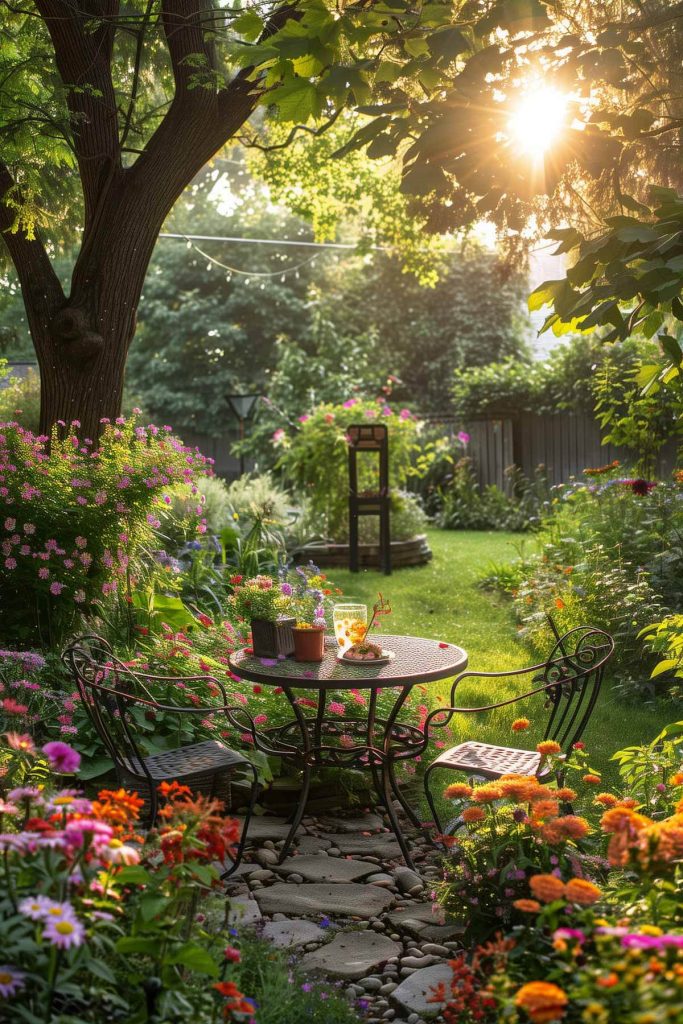 A butterfly-friendly garden with milkweed, zinnias, and a small bench.