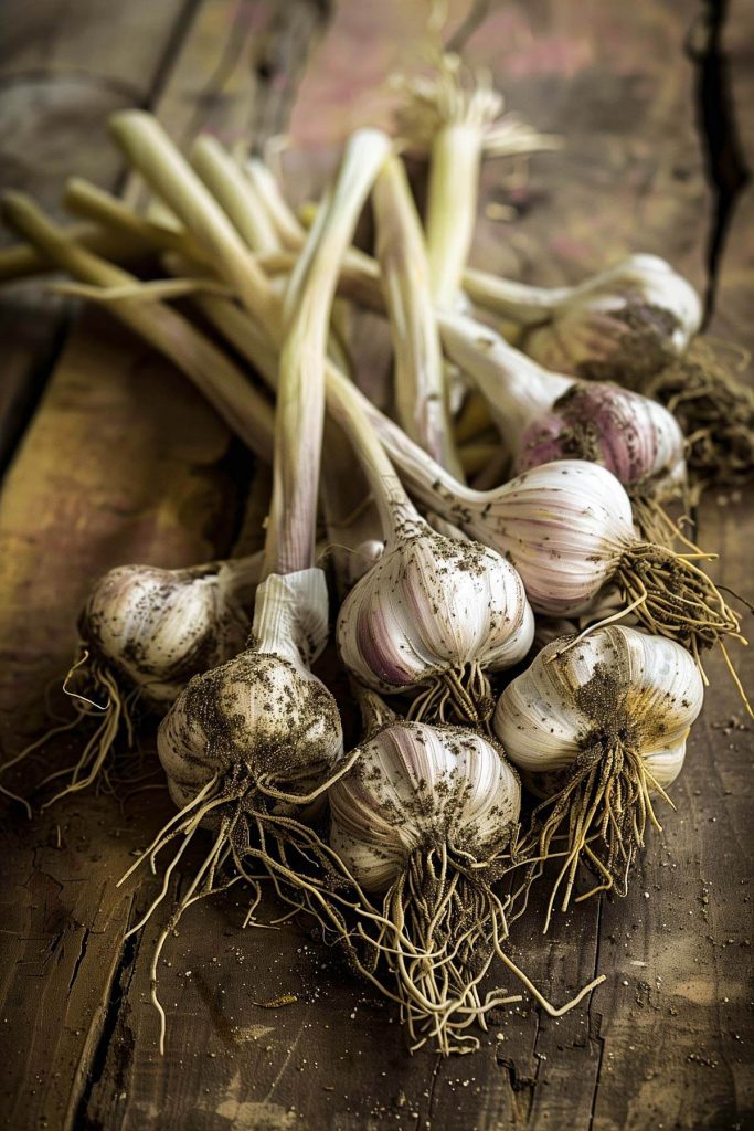 A cluster of freshly harvested garlic bulbs with dirt clinging to their roots, set on a rustic wooden table.