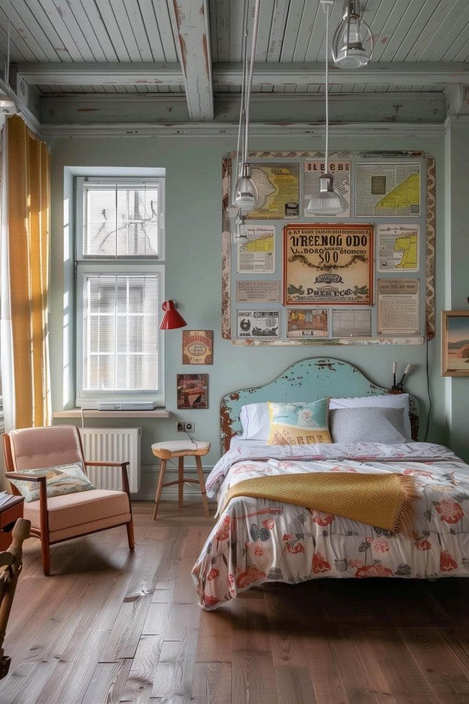 Vintage tin signs or advertisements hung on the walls adding a nostalgic touch to a bedroom.