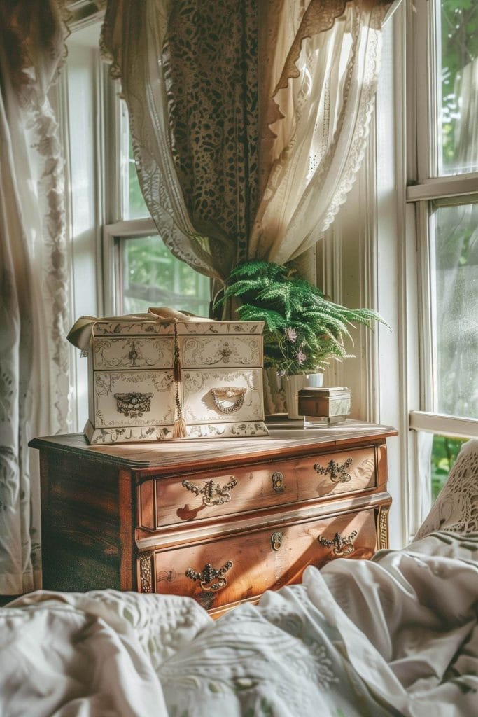 A vintage jewelry box placed on a dresser providing an elegant storage solution in a bedroom.