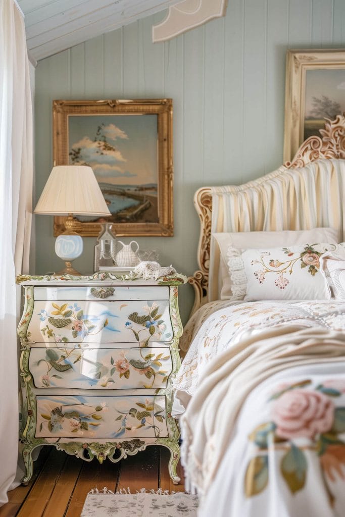 A piece of hand-painted furniture adding a unique and artistic touch to a bedroom.