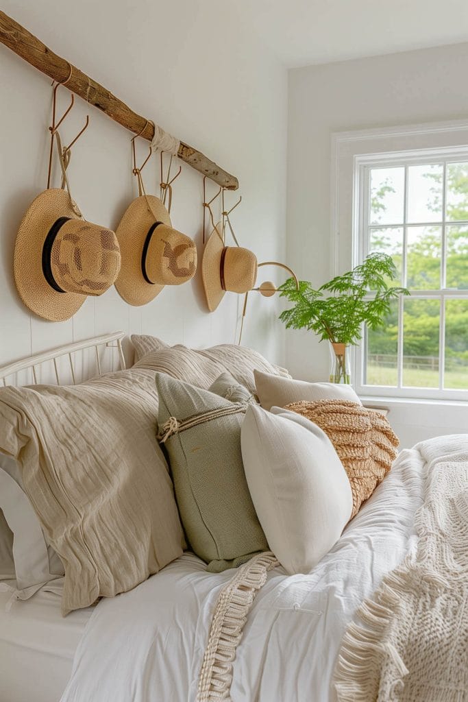 Rustic wall hooks installed for hanging hats and bags adding functionality and charm to a bedroom.