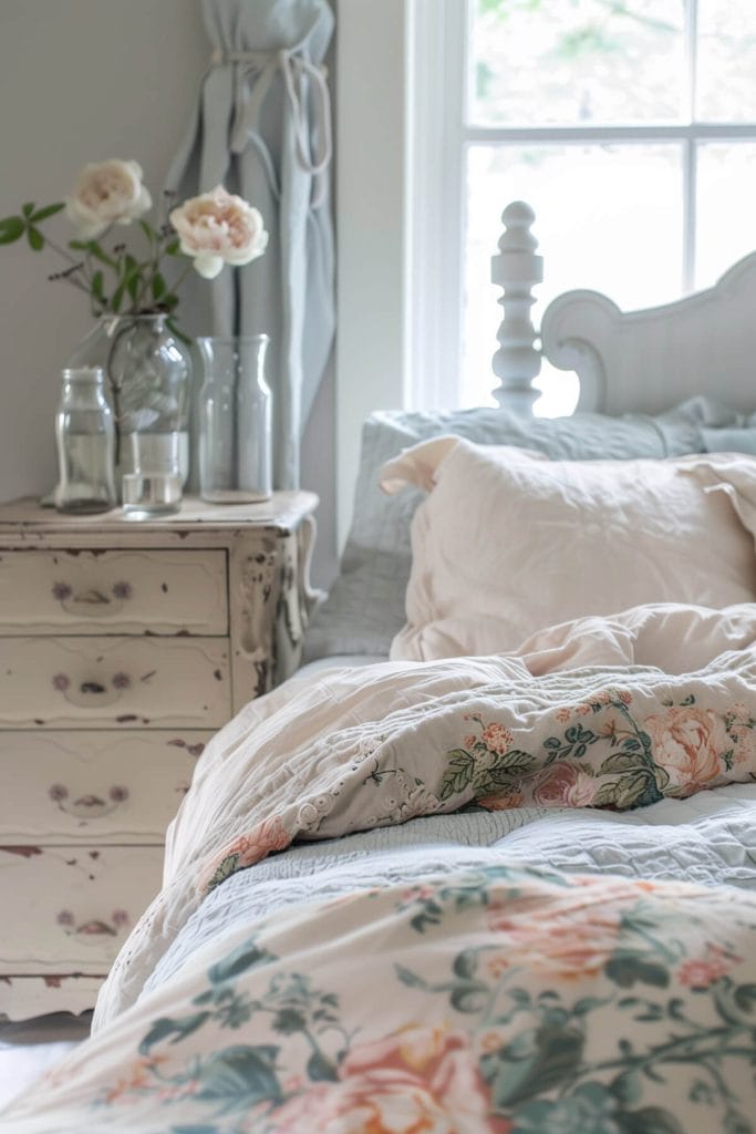 Vintage apothecary jars used for storage and decoration adding a touch of vintage charm to a bedroom.