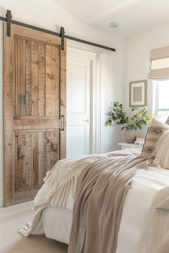 A sliding barn door installed for the closet enhancing the rustic aesthetic of a bedroom.