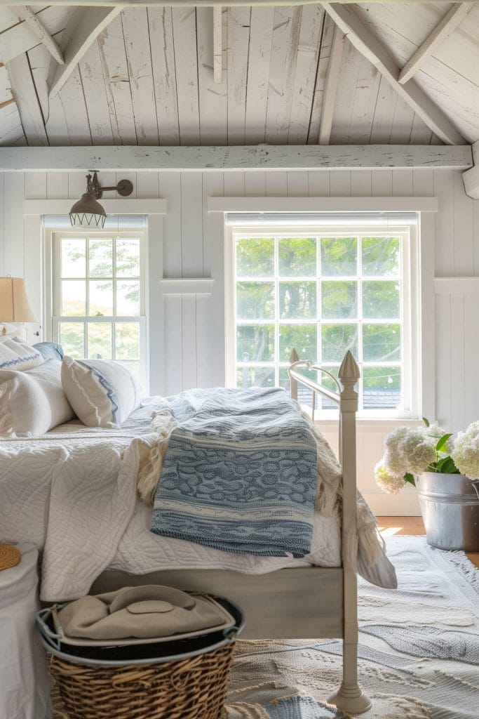 Galvanized metal buckets or trays used as decor adding a farmhouse feel to a bedroom.