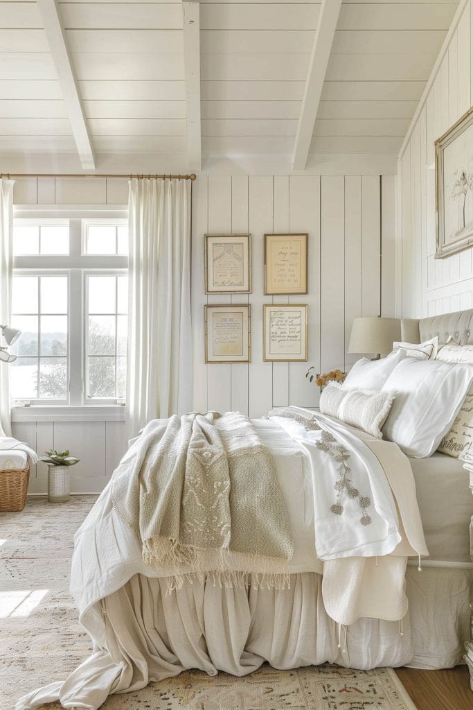 Framed handwritten letters displayed on the walls adding a personal and nostalgic touch to a bedroom.