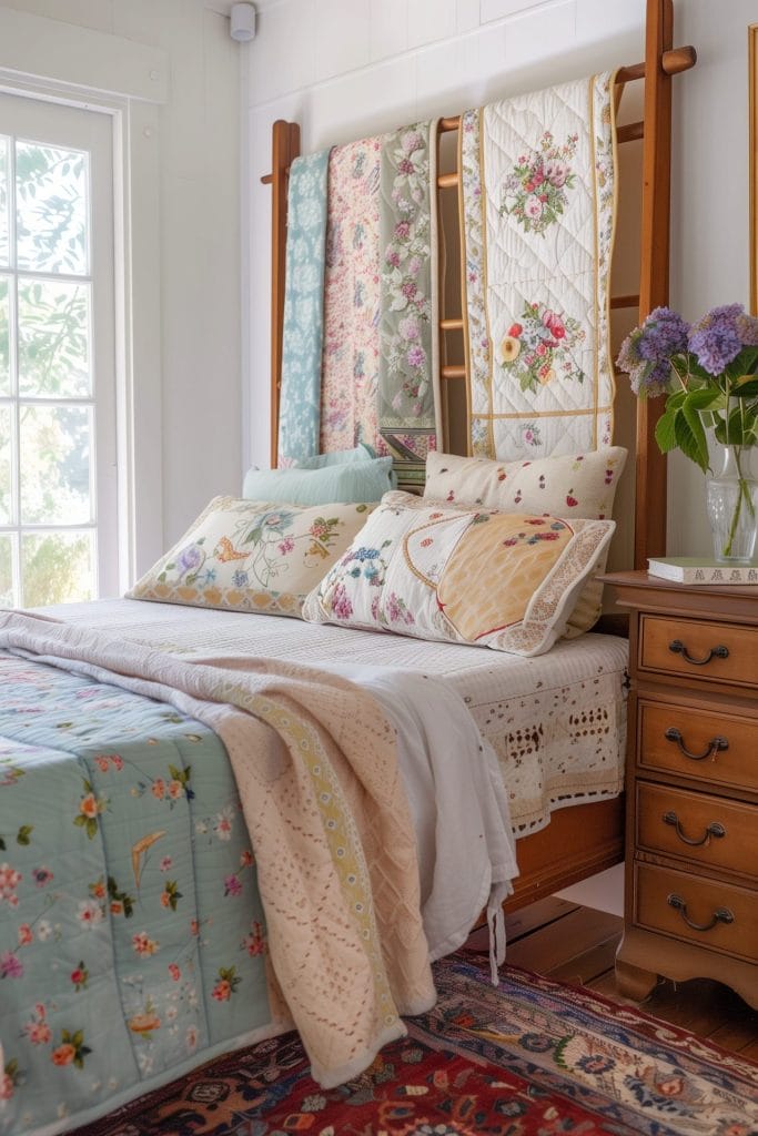 Vintage quilt rack displaying a variety of colorful quilts in a cottagecore bedroom with wooden furniture and floral decor.