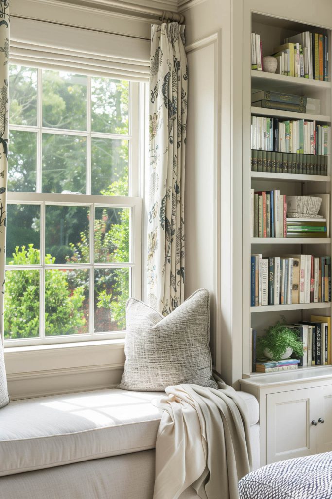 A cozy built-in window seat surrounded by bookshelves, providing a perfect spot for reading with natural light.