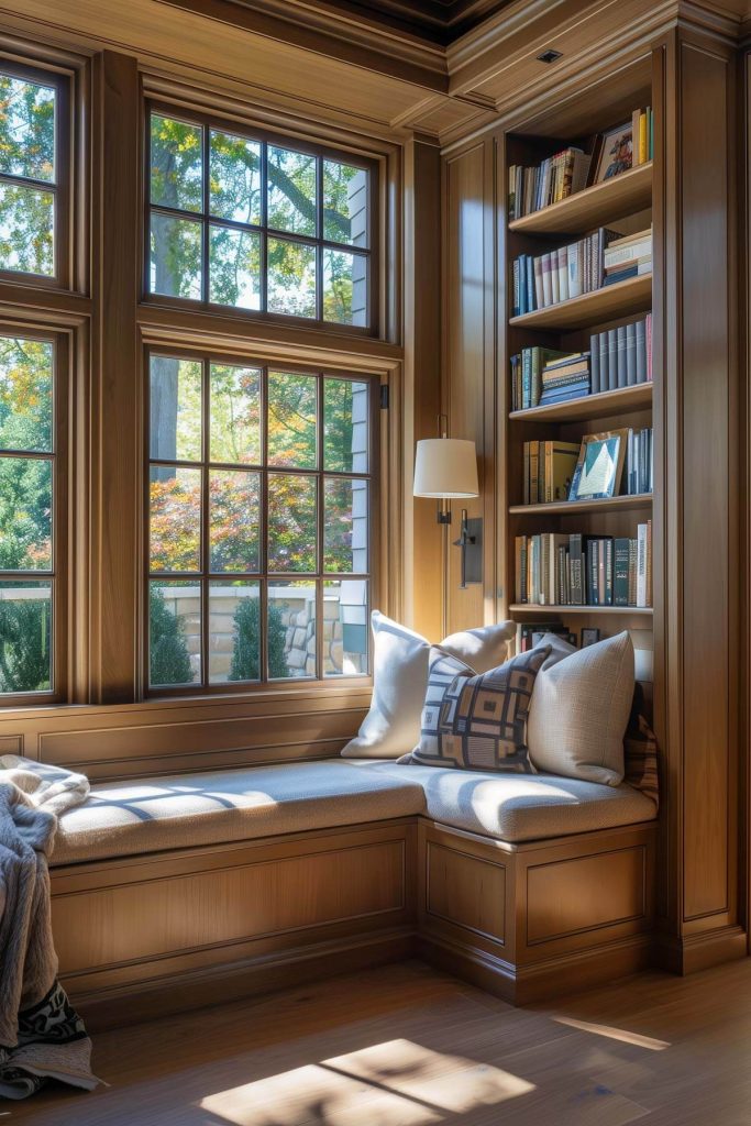 A cozy built-in window seat surrounded by bookshelves, providing a perfect spot for reading with natural light.