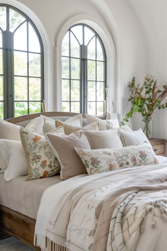 Floral-patterned throw pillows decorating a bed to enhance the cottagecore aesthetic.