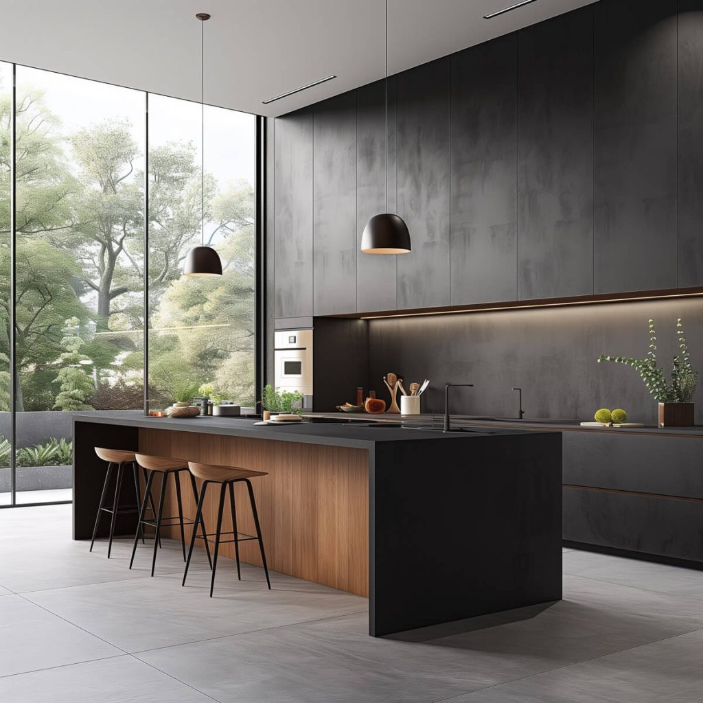 Sleek kitchen with matte finish cabinets and appliances.