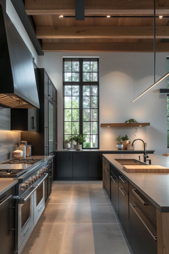 Sleek kitchen with matte finish cabinets and appliances.