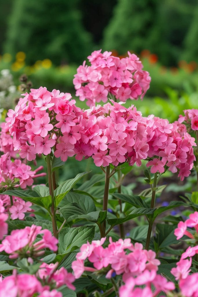 Large clusters of fragrant phlox flowers in pink, blooming in a garden with full sun to partial shade.