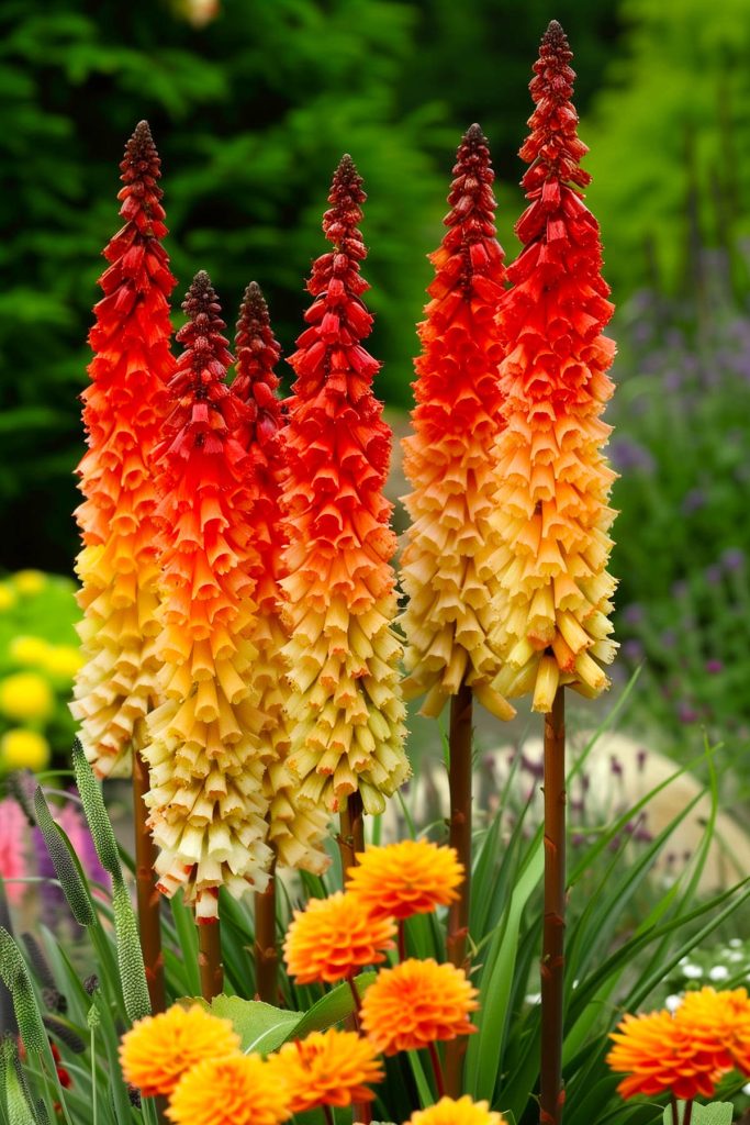 Red hot poker plants with tall spikes of tubular red, orange, and yellow flowers in a lush garden.