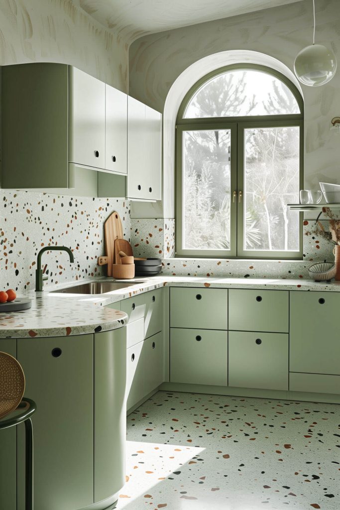 Sage green cabinets with playful terrazzo flooring in a trendy kitchen.