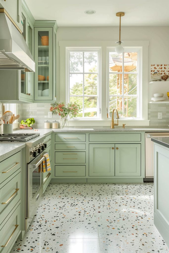 Sage green cabinets with playful terrazzo flooring in a trendy kitchen.