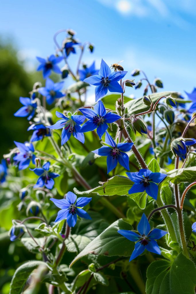 A borage plant in bloom, with its star-shaped blue flowers attracting bees in a sunny garden.