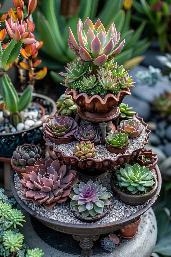 A succulent garden with various succulents in quirky planters and a multi-tiered stand.