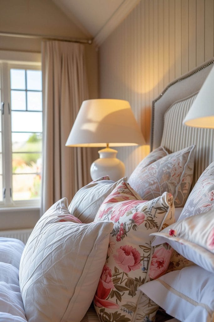 Linen lampshades on table lamps providing a soft and diffused light in a bedroom.