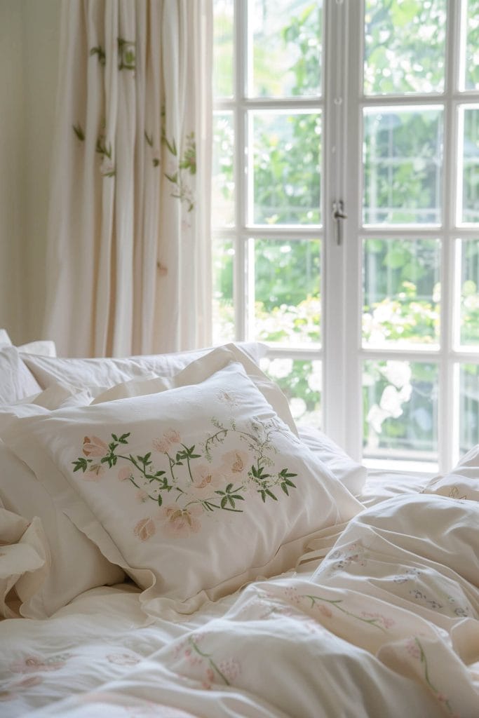 Embroidered pillowcases and bed linens adding a touch of handmade elegance to a bedroom.