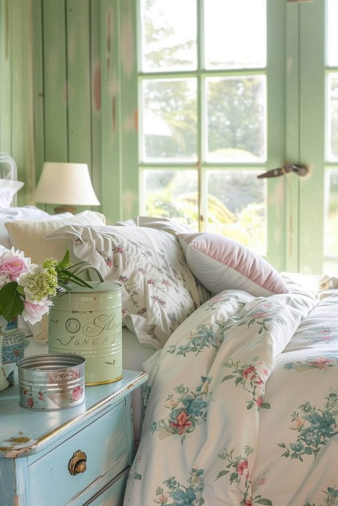 Vintage tins displayed for storage and decoration adding a nostalgic touch to a bedroom.