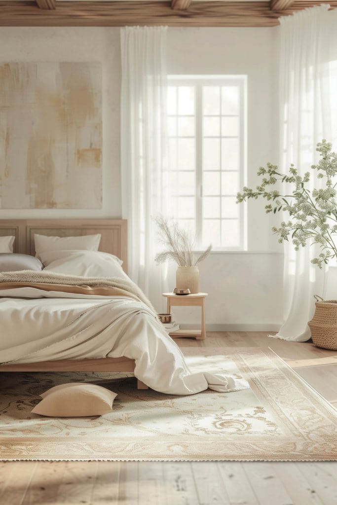 Wool rugs placed on the floor adding warmth and texture to a bedroom.