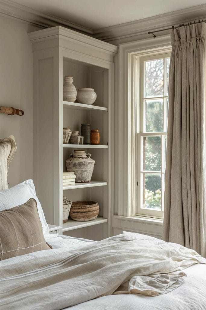 Handmade pottery items displayed adding an artisanal touch to a bedroom.