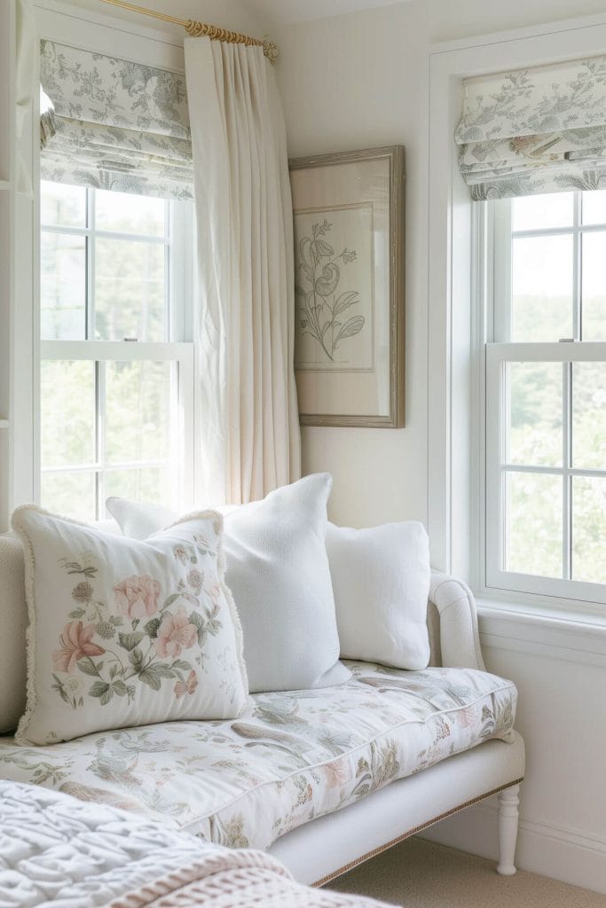 A small bench with a cushion placed in a cozy corner providing extra seating in a bedroom.