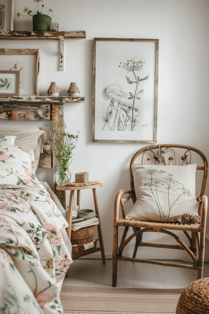 Handcrafted wooden decor in a cottagecore bedroom with a wooden bed, floral bedspread, wicker chair, and rustic wooden shelf.