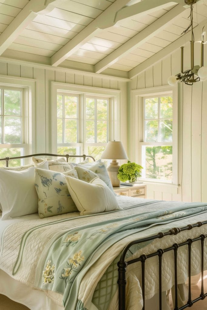 An iron bed frame providing a classic and timeless cottage look to a bedroom.